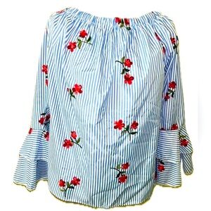 NWT Flores off the shoulder, blue & white striped embroidered top, 3X